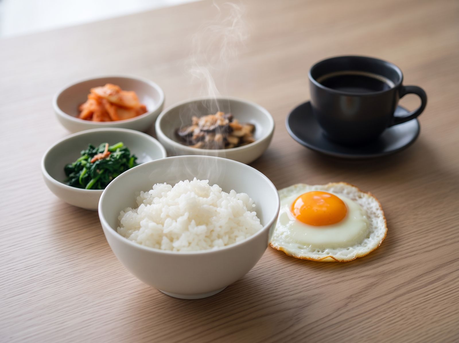 밥, 달걀부침, 반찬과 뒤쪽에 놓인 커피 한 잔