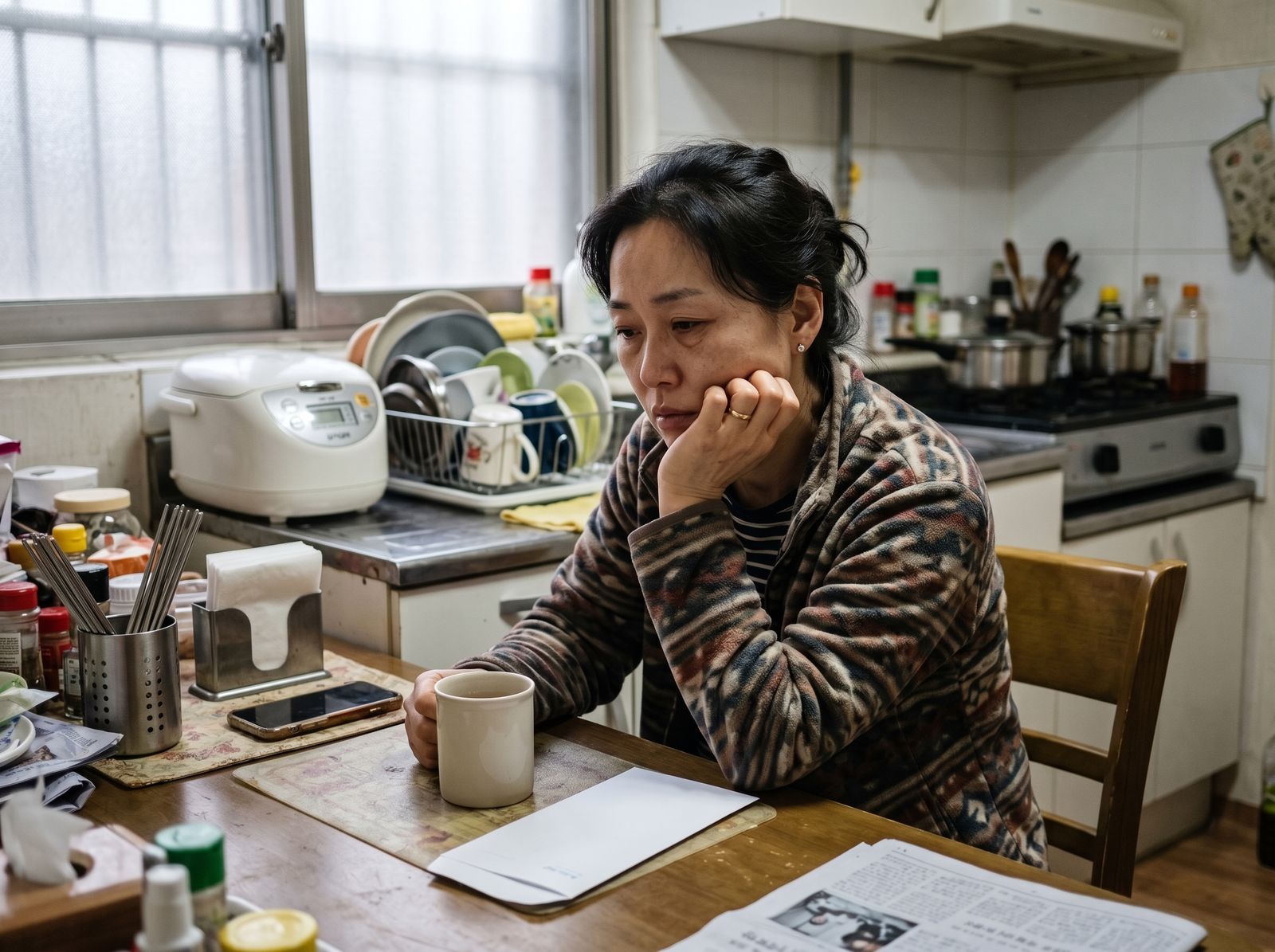 늦은 오후 부엌 식탁에 턱을 괴고 지친 얼굴로 앉아 있는 중년 여성