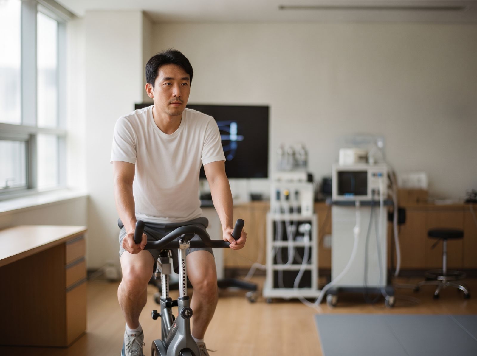 연구실에서 실내 자전거를 타는 남성