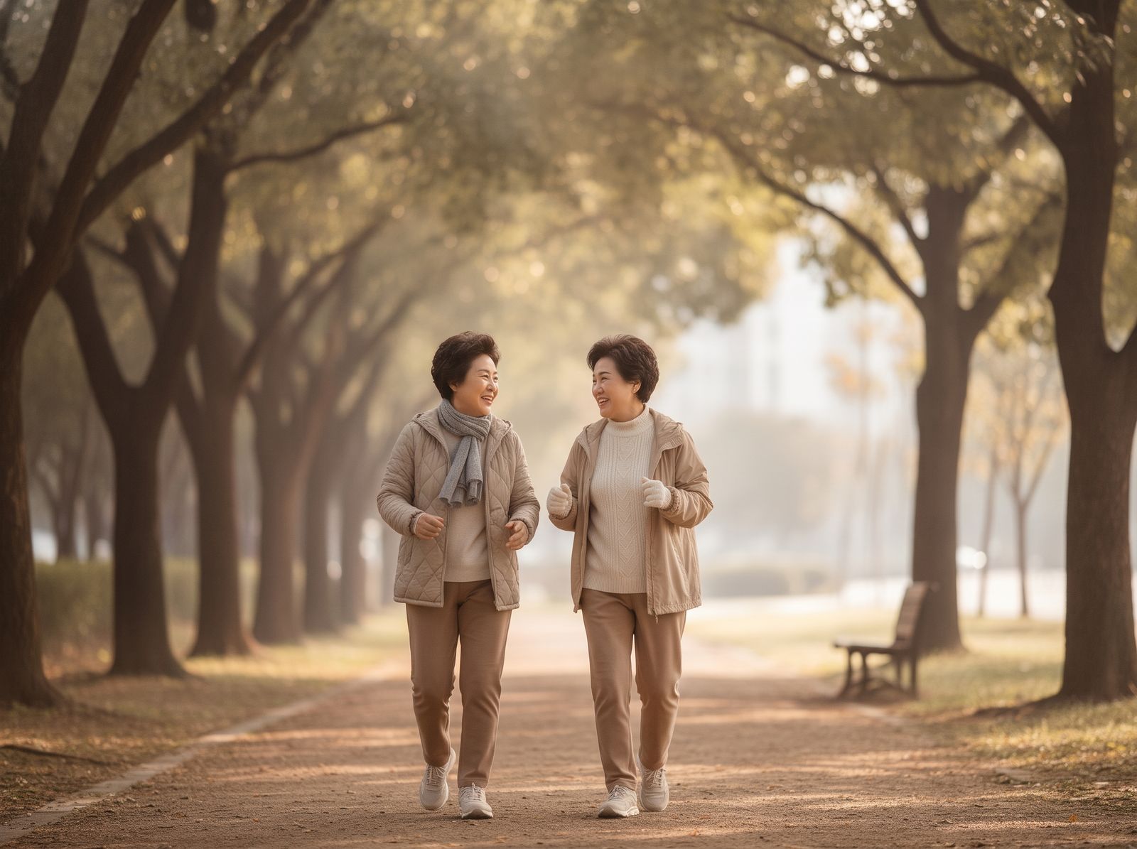 공원 산책로를 함께 빠르게 걷는 두 노년 여성