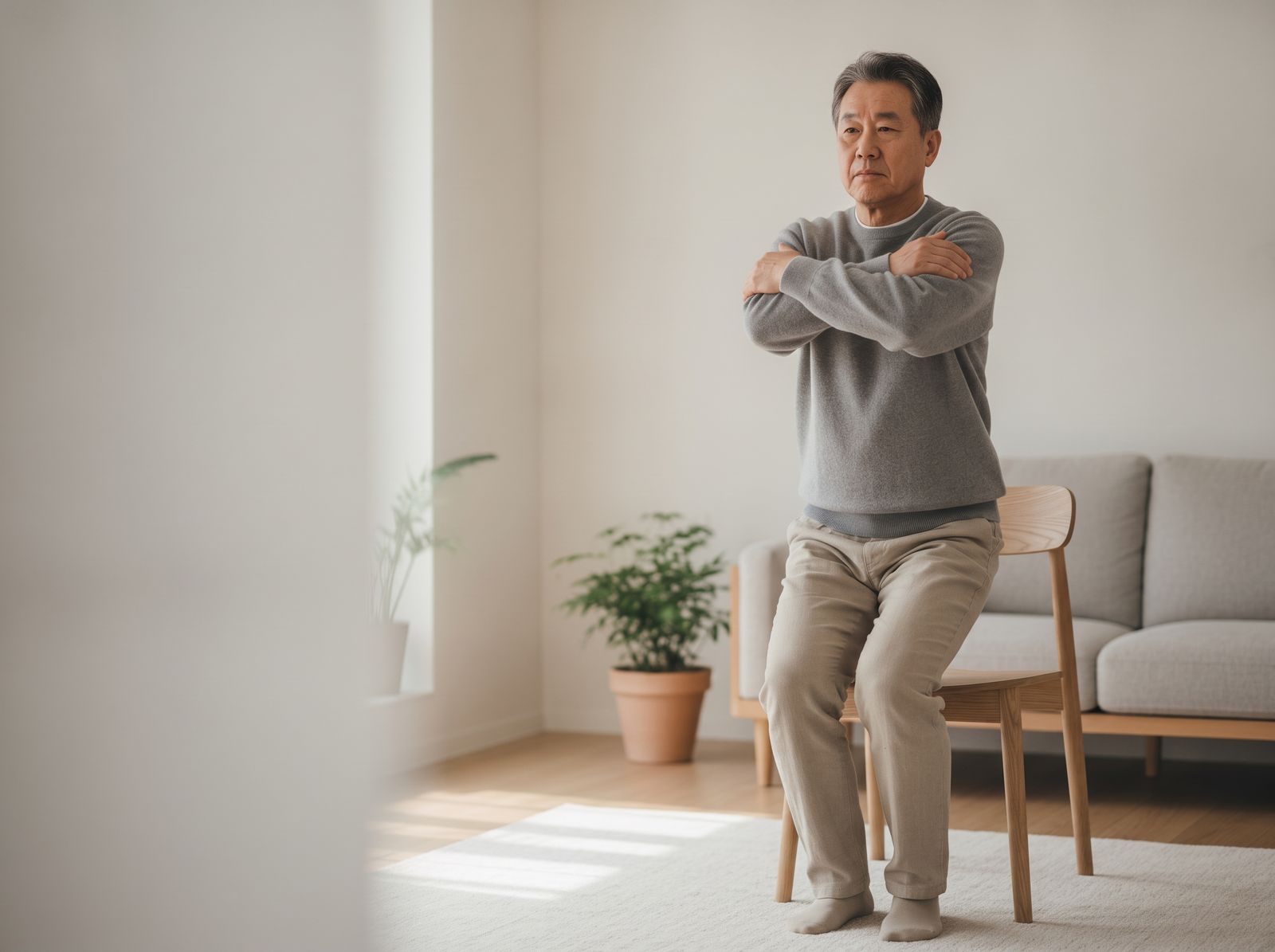 팔짱을 낀 채 손을 쓰지 않고 의자에서 일어서는 노년 남성