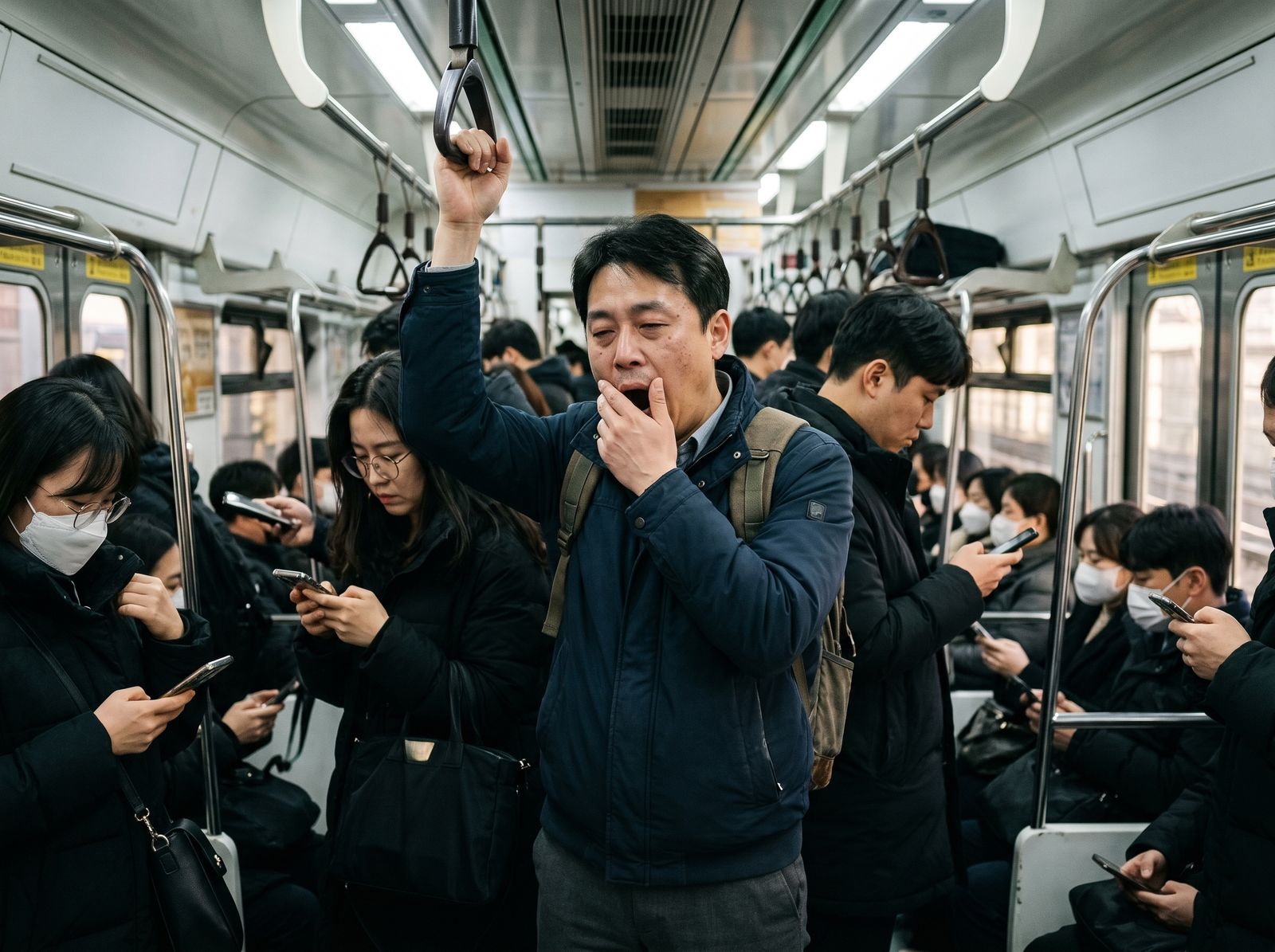 월요일 아침 붐비는 지하철에서 손잡이를 잡고 하품하는 직장인