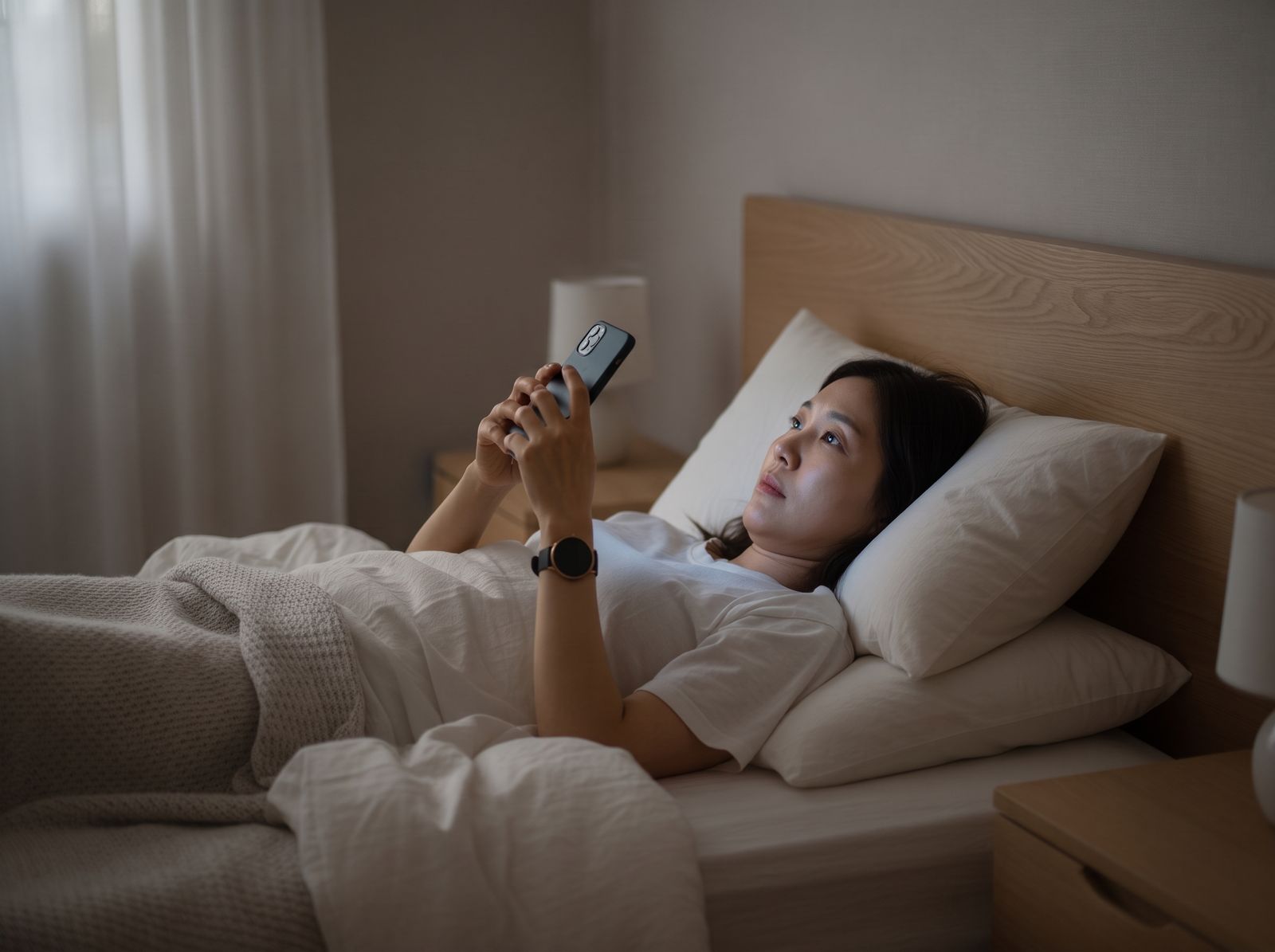 밤늦게 침대에 누워 휴대폰 화면을 보는 여성